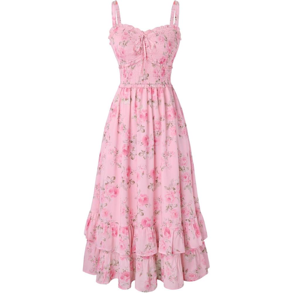 image:imageScarlet Darkness Womens Floral Cottagecore Dress Smocked A Line Casual Milkmaid Sundress with PocketsPink Flower