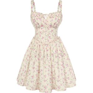 image:imageScarlet Darkness Floral Corset Dress for Women 2026 Summer Sundress Lace Up Mini Milkmaid Dresses with PocketsApricot Pink Floral