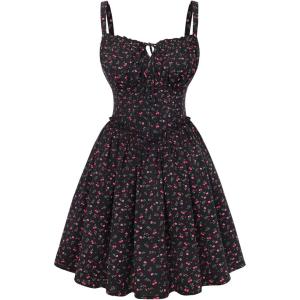 image:imageScarlet Darkness Floral Corset Dress for Women 2026 Summer Sundress Lace Up Mini Milkmaid Dresses with PocketsBlack Red Floral