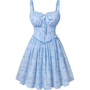 image:imageScarlet Darkness Floral Corset Dress for Women 2026 Summer Sundress Lace Up Mini Milkmaid Dresses with PocketsBlue Flower