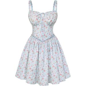 image:imageScarlet Darkness Floral Corset Dress for Women 2026 Summer Sundress Lace Up Mini Milkmaid Dresses with PocketsBlue Pink Floral