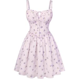 image:imageScarlet Darkness Floral Corset Dress for Women 2026 Summer Sundress Lace Up Mini Milkmaid Dresses with PocketsLight Purple Floral
