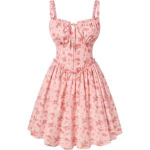 image:imageScarlet Darkness Floral Corset Dress for Women 2026 Summer Sundress Lace Up Mini Milkmaid Dresses with PocketsOrange Floral