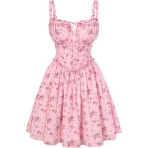 image:imageScarlet Darkness Floral Corset Dress for Women 2026 Summer Sundress Lace Up Mini Milkmaid Dresses with PocketsPink Flowers