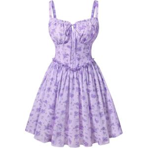 image:imageScarlet Darkness Floral Corset Dress for Women 2026 Summer Sundress Lace Up Mini Milkmaid Dresses with PocketsPurple Flower