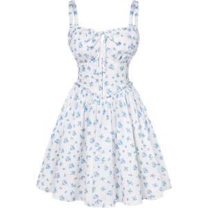 image:imageScarlet Darkness Floral Corset Dress for Women 2026 Summer Sundress Lace Up Mini Milkmaid Dresses with PocketsWhite Blue Floral