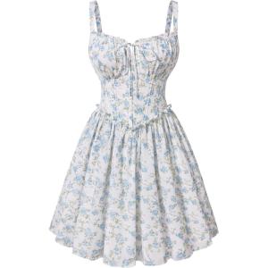 image:imageScarlet Darkness Floral Corset Dress for Women 2026 Summer Sundress Lace Up Mini Milkmaid Dresses with PocketsWhite Blue Flower