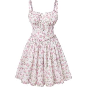 image:imageScarlet Darkness Floral Corset Dress for Women 2026 Summer Sundress Lace Up Mini Milkmaid Dresses with PocketsWhite Pink Floral