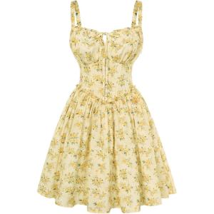 image:imageScarlet Darkness Floral Corset Dress for Women 2026 Summer Sundress Lace Up Mini Milkmaid Dresses with PocketsYellow Floral