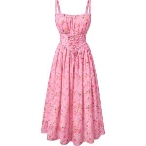 image:imageScarlet Darkness Floral Dress for Women 2026 Corset Milkmaid Dresses Casual Summer Sundress with PocketsPink