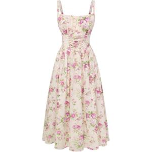 image:imageScarlet Darkness Floral Dress for Women 2026 Corset Milkmaid Dresses Casual Summer Sundress with PocketsPink Rose