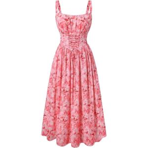 image:imageScarlet Darkness Floral Dress for Women 2026 Corset Milkmaid Dresses Casual Summer Sundress with PocketsRed