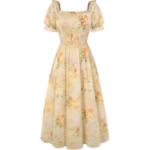 image:imageScarlet Darkness Floral Dress for Women Summer Puff Sleeve Square Neck A Line Flowy Wedding Guest Tea Party DressesApricot Yellow Floral