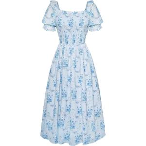 image:imageScarlet Darkness Floral Dress for Women Summer Puff Sleeve Square Neck A Line Flowy Wedding Guest Tea Party DressesBlue Rose