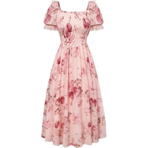 image:imageScarlet Darkness Floral Dress for Women Summer Puff Sleeve Square Neck A Line Flowy Wedding Guest Tea Party DressesFloral Pink