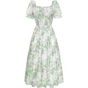 image:imageScarlet Darkness Floral Dress for Women Summer Puff Sleeve Square Neck A Line Flowy Wedding Guest Tea Party DressesGreen Garden