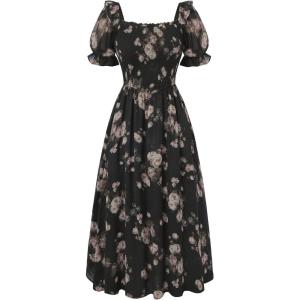 image:imageScarlet Darkness Floral Dress for Women Summer Puff Sleeve Square Neck A Line Flowy Wedding Guest Tea Party DressesMidnight Rose