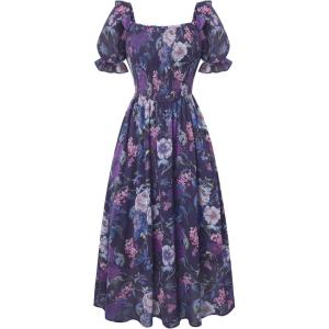 image:imageScarlet Darkness Floral Dress for Women Summer Puff Sleeve Square Neck A Line Flowy Wedding Guest Tea Party DressesNavy Floral