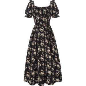 image:imageScarlet Darkness Floral Dress for Women Summer Puff Sleeve Square Neck A Line Flowy Wedding Guest Tea Party DressesNightfall Blossom