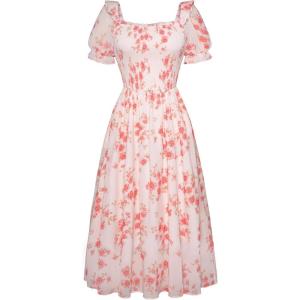 image:imageScarlet Darkness Floral Dress for Women Summer Puff Sleeve Square Neck A Line Flowy Wedding Guest Tea Party DressesPeach Blossom