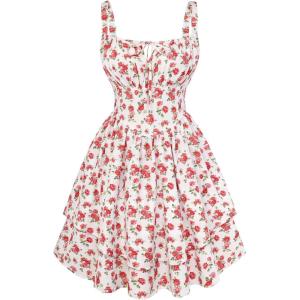 image:imageScarlet Darkness Floral Mini Corset Dress for Women Teen 2026 Summer Spring Flowy ALine Sundress with PocketsWhite Redrose Pattern