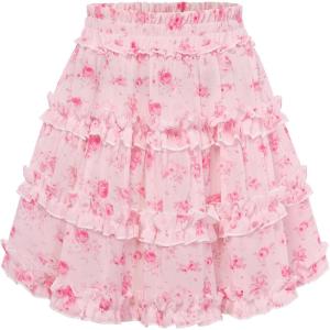 image:imageScarlet Darkness Floral Mini Skirt for Women 2026 Ruffle Tiered Skorts Summer Flowy Skirts with PocketsPink White Floral