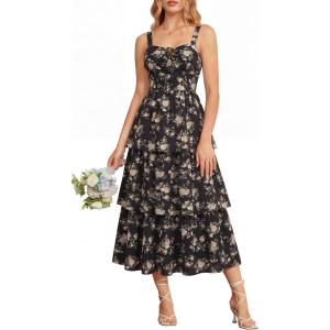 image:imageScarlet Darkness Milkmaid Corset Dress for Women Summer Wedding Guest Dresses Cocktail Floral Sundress with PocketsBlack Apricot Rose