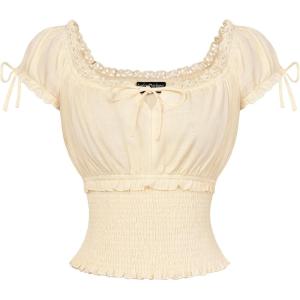 image:imageScarlet Darkness Renaissance Peasant Blouse for Women Square Neck Short Sleeve Smocked Waist TopsBeige