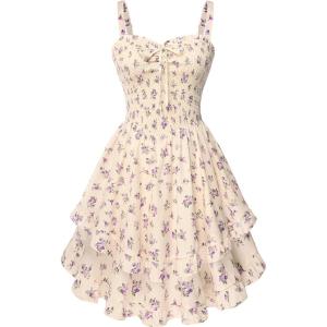 image:imageScarlet Darkness Smocked Floral Sundresses for Women Teens 2026 Summer Flowy Ruffle Mini DressBeige Purple Floral