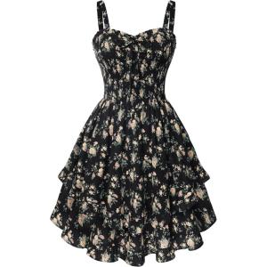 image:imageScarlet Darkness Smocked Floral Sundresses for Women Teens 2026 Summer Flowy Ruffle Mini DressBlack Apricot Floral