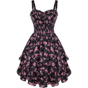 image:imageScarlet Darkness Smocked Floral Sundresses for Women Teens 2026 Summer Flowy Ruffle Mini DressBlack Pink Floral