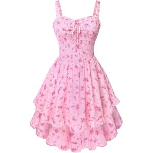 image:imageScarlet Darkness Smocked Floral Sundresses for Women Teens 2026 Summer Flowy Ruffle Mini DressPink Floral