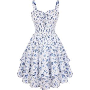 image:imageScarlet Darkness Smocked Floral Sundresses for Women Teens 2026 Summer Flowy Ruffle Mini DressWhite Blue Floral