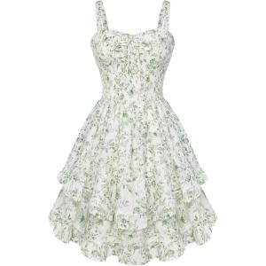 image:imageScarlet Darkness Smocked Floral Sundresses for Women Teens 2026 Summer Flowy Ruffle Mini DressWhite Green Floral