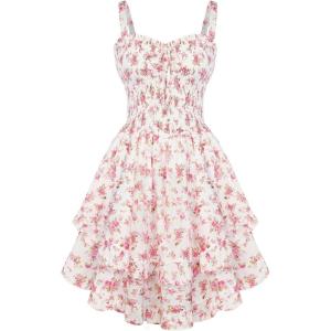 image:imageScarlet Darkness Smocked Floral Sundresses for Women Teens 2026 Summer Flowy Ruffle Mini DressWhite Pink Floral
