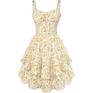 image:imageScarlet Darkness Smocked Floral Sundresses for Women Teens 2026 Summer Flowy Ruffle Mini DressWhite Yellow Floral