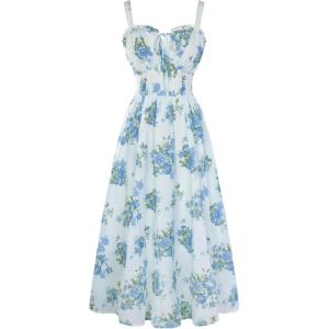 image:imageScarlet Darkness Summer Dresses for Women 2026 Floral Corset Dress Long Milkmaid Dress with PocketPastel Blue Blooms