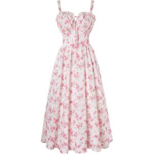 image:imageScarlet Darkness Summer Dresses for Women 2026 Floral Corset Dress Long Milkmaid Dress with PocketPink Roses
