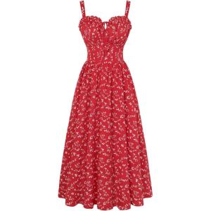 image:imageScarlet Darkness Summer Dresses for Women 2026 Floral Corset Dress Long Milkmaid Dress with PocketRed Floral
