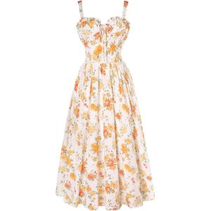 image:imageScarlet Darkness Summer Dresses for Women 2026 Floral Corset Dress Long Milkmaid Dress with PocketWhite Orange Floral