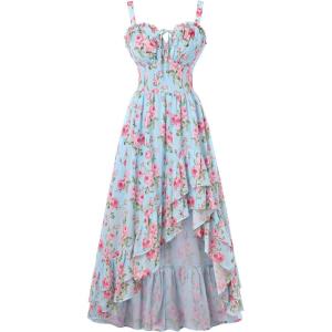 image:imageScarlet Darkness Summer Dresses for Women 2026 Floral Corset Wedding Guest Dress Ruffle Maxi Dress with PocketsBlue Pink Floral