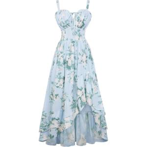image:imageScarlet Darkness Summer Dresses for Women 2026 Floral Corset Wedding Guest Dress Ruffle Maxi Dress with PocketsBlue White Floral