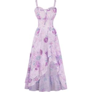image:imageScarlet Darkness Summer Dresses for Women 2026 Floral Corset Wedding Guest Dress Ruffle Maxi Dress with PocketsPurple Floral