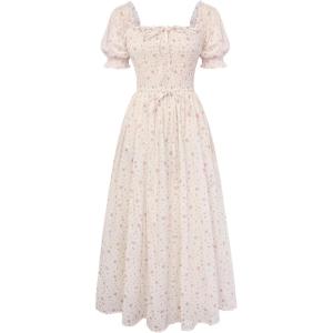 image:imageScarlet Darkness Women 2026 Floral Dress Cottagecore Cotton Dresses Short Sleeve Square Neck Smocked DressPink Floral