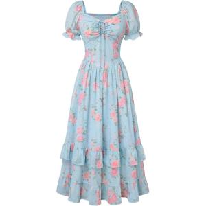 image:imageScarlet Darkness Women Floral Cottagecore Dress Puff Sleeve Maxi Ruffled Corset DressBlue Pink Floral