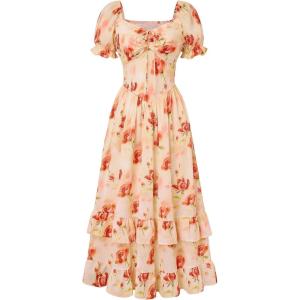 image:imageScarlet Darkness Women Floral Cottagecore Dress Puff Sleeve Maxi Ruffled Corset DressCoral Rose