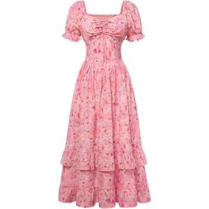 image:imageScarlet Darkness Women Floral Cottagecore Dress Puff Sleeve Maxi Ruffled Corset DressPink Floral
