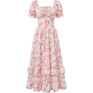 image:imageScarlet Darkness Women Floral Cottagecore Dress Puff Sleeve Maxi Ruffled Corset DressWatercolor Rose