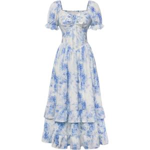 image:imageScarlet Darkness Women Floral Cottagecore Dress Puff Sleeve Maxi Ruffled Corset DressWhite Blue Floral