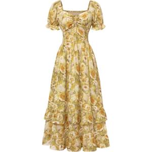 image:imageScarlet Darkness Women Floral Cottagecore Dress Puff Sleeve Maxi Ruffled Corset DressYellow Floral